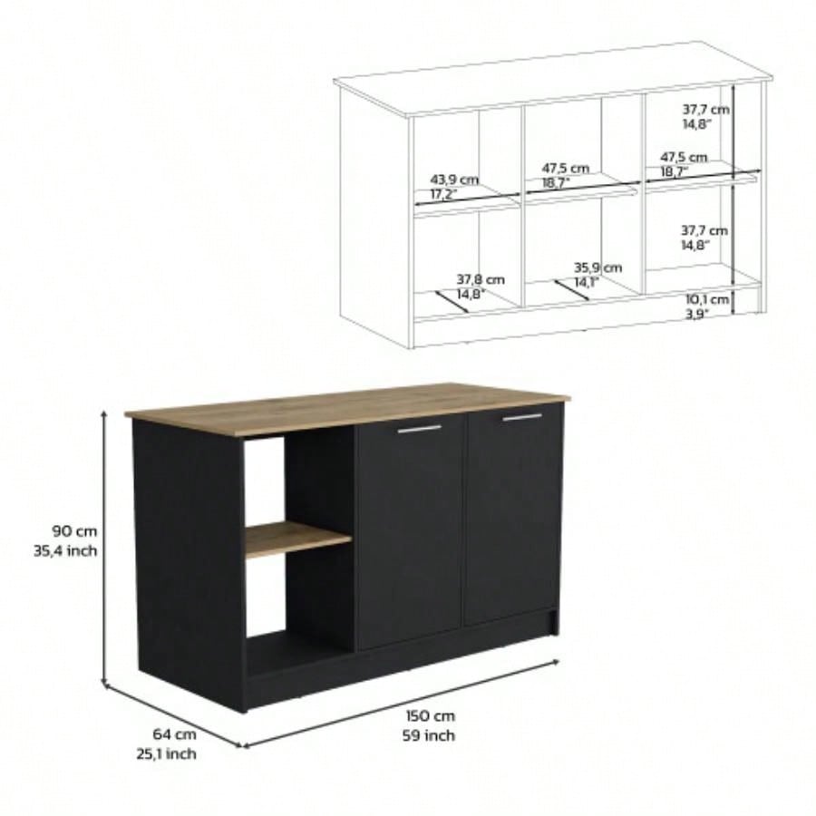Kitchen Island with Large Countertop, Open Storage Shelves and Double Door Cabinet, Black/ Macadamia