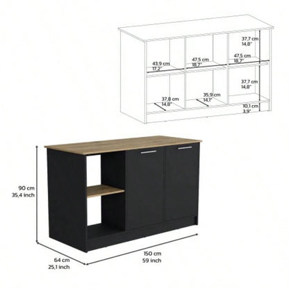 Kitchen Island with Large Countertop, Open Storage Shelves and Double Door Cabinet, Black/ Macadamia