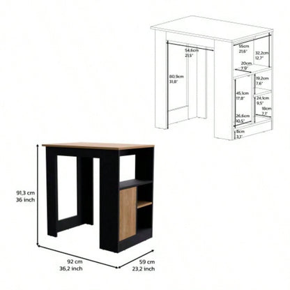 Kitchen Island 36 H, Three Open Side Storage Shelves and One Push - to - Open Cabinet, Black/ Natural Oak
