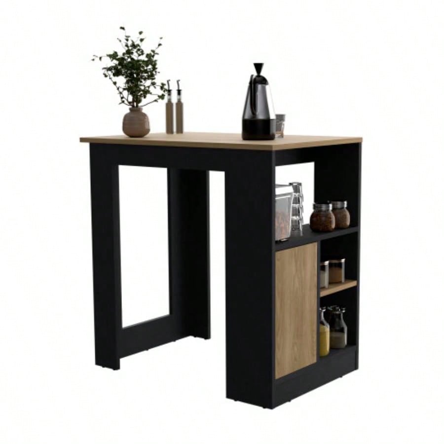 Kitchen Island 36 H, Three Open Side Storage Shelves and One Push - to - Open Cabinet, Black/ Natural Oak