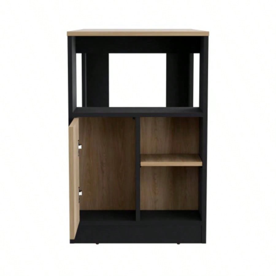 Kitchen Island 36 H, Three Open Side Storage Shelves and One Push - to - Open Cabinet, Black/ Natural Oak