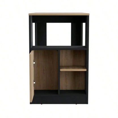 Kitchen Island 36 H, Three Open Side Storage Shelves and One Push - to - Open Cabinet, Black/ Natural Oak