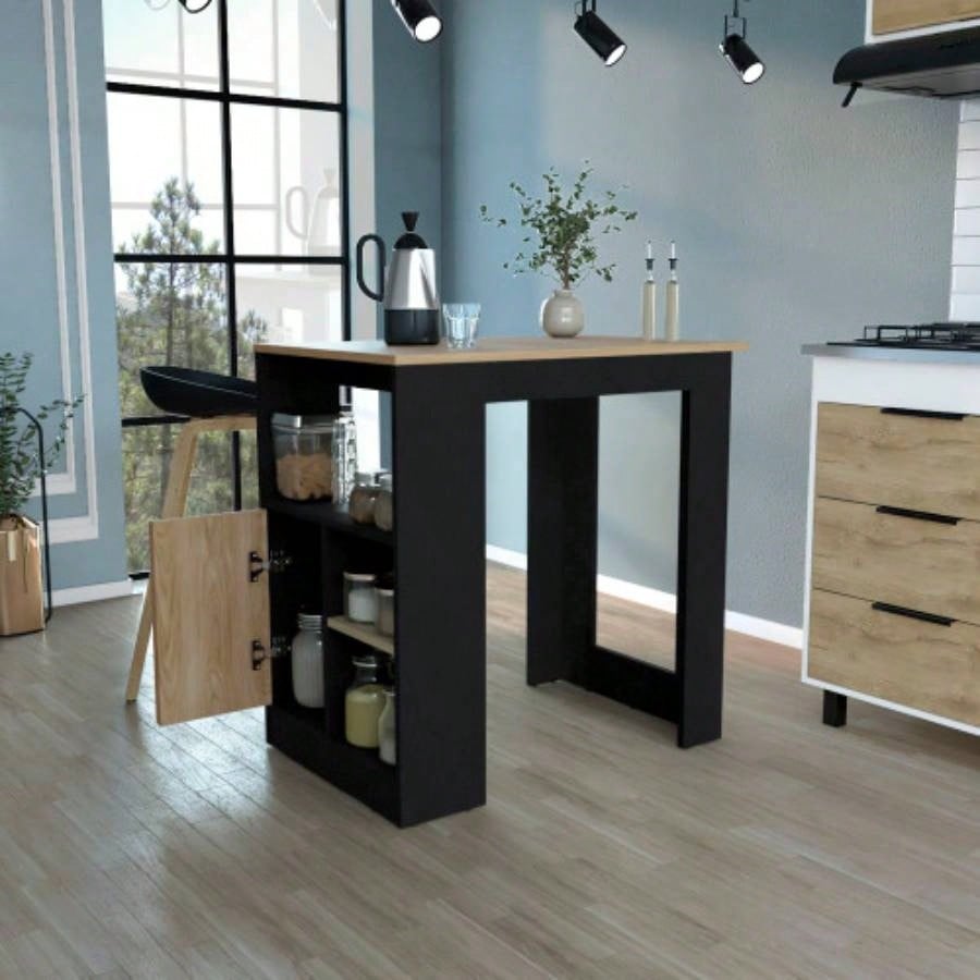 Kitchen Island 36 H, Three Open Side Storage Shelves and One Push - to - Open Cabinet, Black/ Natural Oak