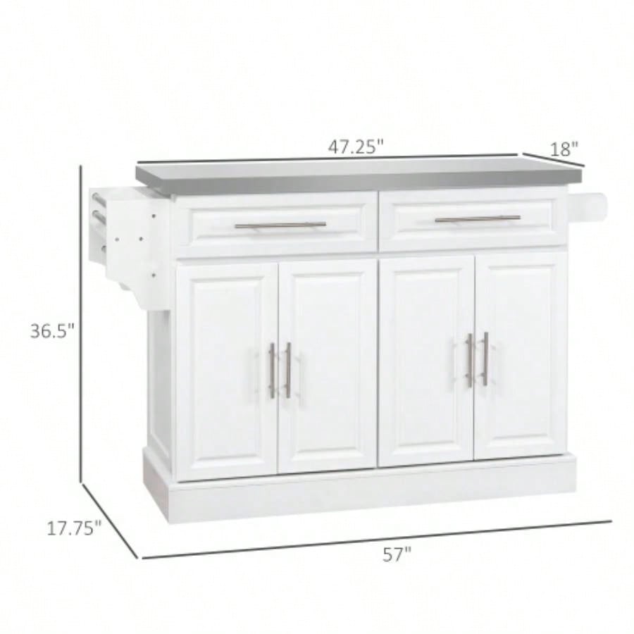 HOMCOM Rolling Kitchen Island with Storage, Portable Kitchen Cart with Stainless Steel Top, 2 Drawers, Spice, Knife and Towel Rack and Cabinets, White