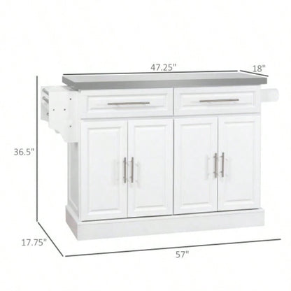 HOMCOM Rolling Kitchen Island with Storage, Portable Kitchen Cart with Stainless Steel Top, 2 Drawers, Spice, Knife and Towel Rack and Cabinets, White