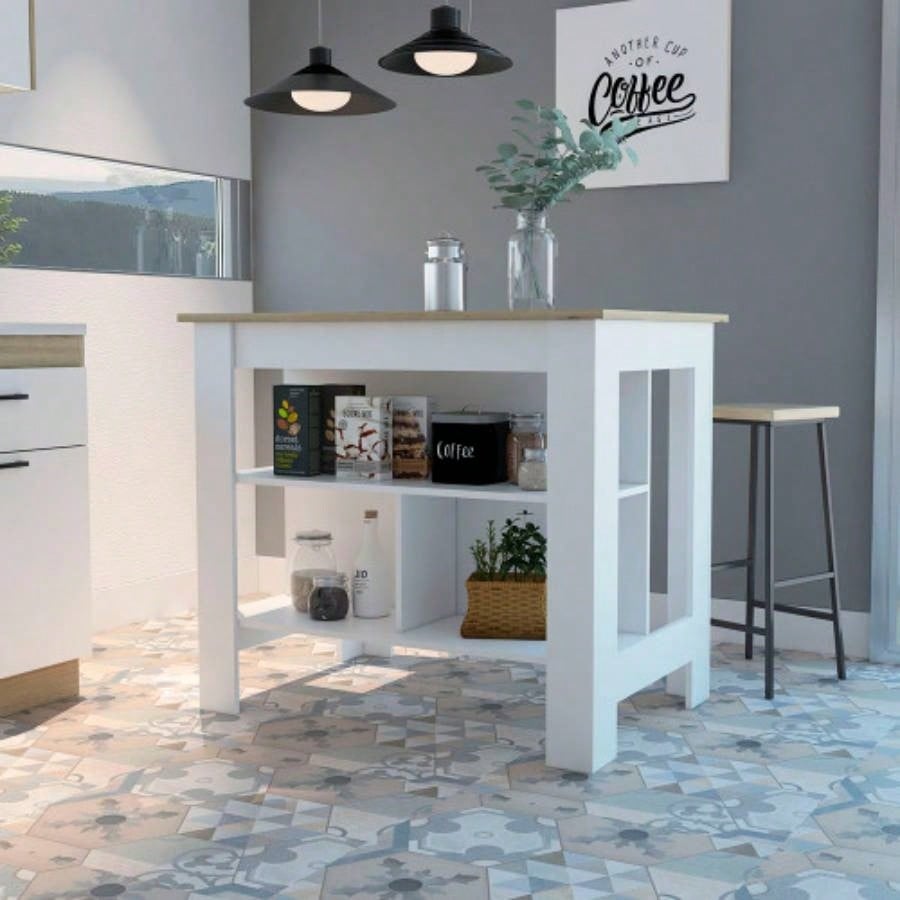 Cala Kitchen Island, Four, Three Shelves - White/ Light Oak