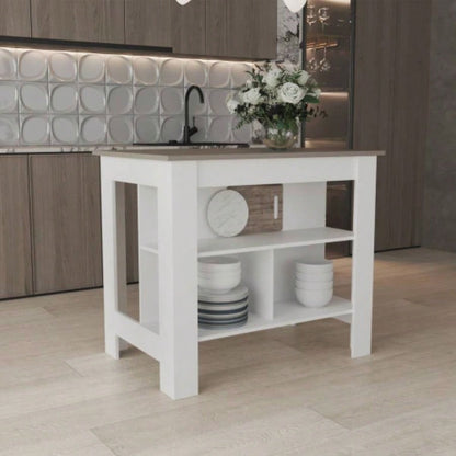 Kitchen Island 35.4 H, with 3 Shelves, White/ Taupe
