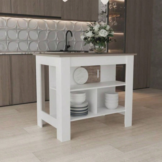Kitchen Island 35.4 H, with 3 Shelves, White/ Taupe