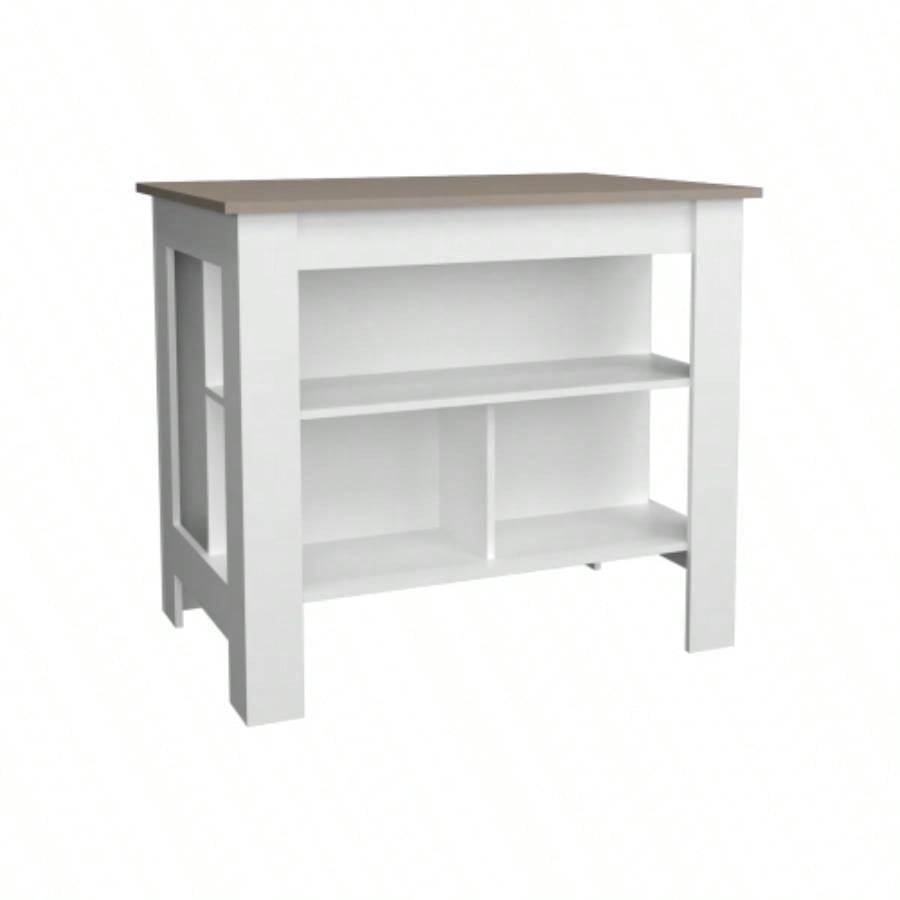 Kitchen Island 35.4 H, with 3 Shelves, White/ Taupe