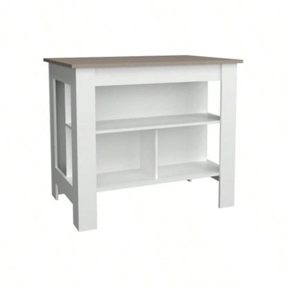 Kitchen Island 35.4 H, with 3 Shelves, White/ Taupe