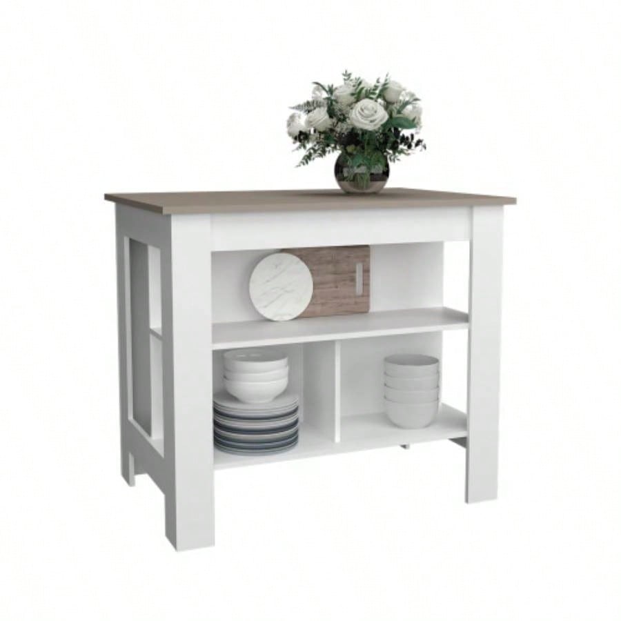 Kitchen Island 35.4 H, with 3 Shelves, White/ Taupe
