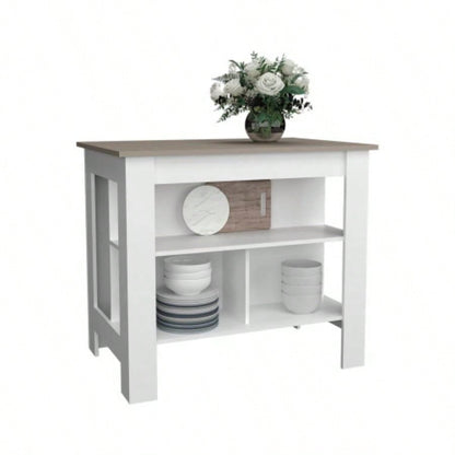 Kitchen Island 35.4 H, with 3 Shelves, White/ Taupe