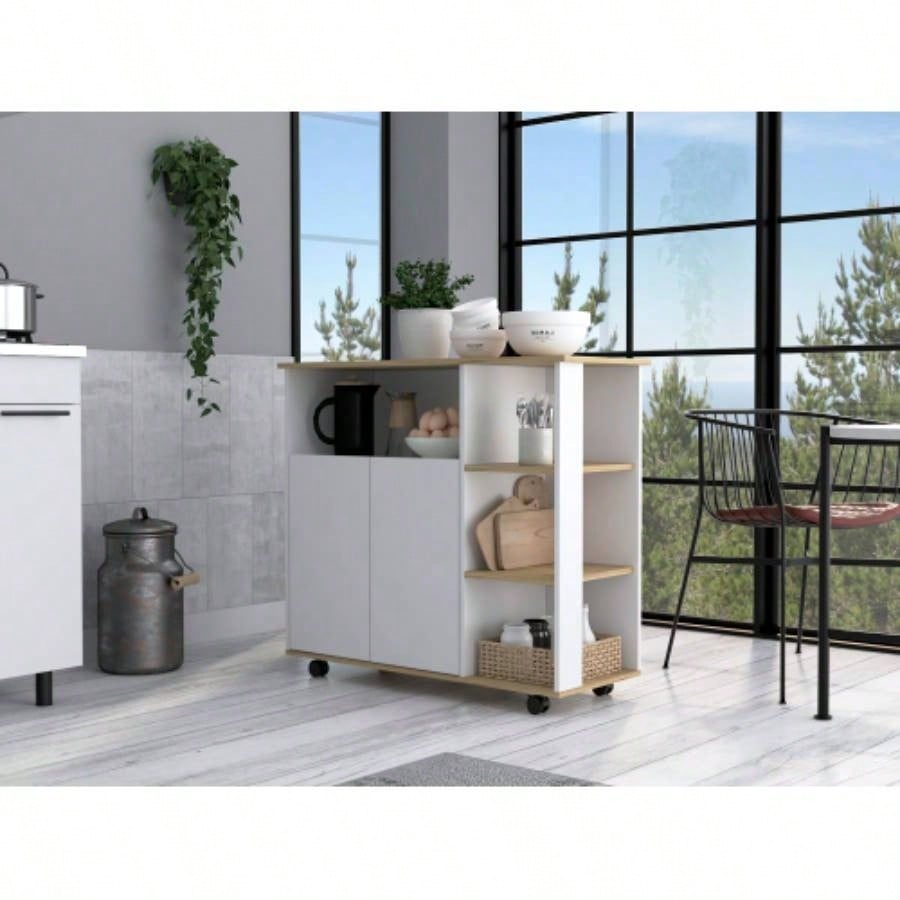 Kitchen Island Kamkacht, One Cabinet, Four Open Shelves, Light Oak/ White