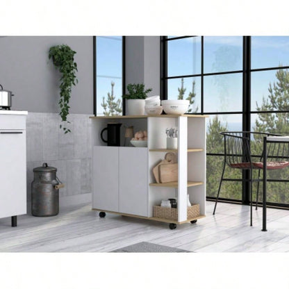 Kitchen Island Kamkacht, One Cabinet, Four Open Shelves, Light Oak/ White