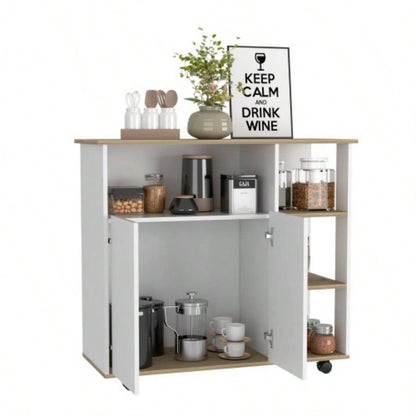 Kitchen Island Kamkacht, One Cabinet, Four Open Shelves, Light Oak/ White