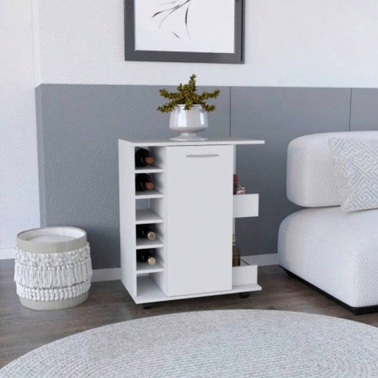 White 4 - wheel bar cart cabinet kitchen or living room, with 6 side built - in bottle racks, 1 interior shelve, 2 side shelves, 2 space with wood door to store glasses, cups, coffee or snacks.
