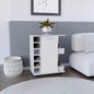 White 4 - wheel bar cart cabinet kitchen or living room, with 6 side built - in bottle racks, 1 interior shelve, 2 side shelves, 2 space with wood door to store glasses, cups, coffee or snacks.