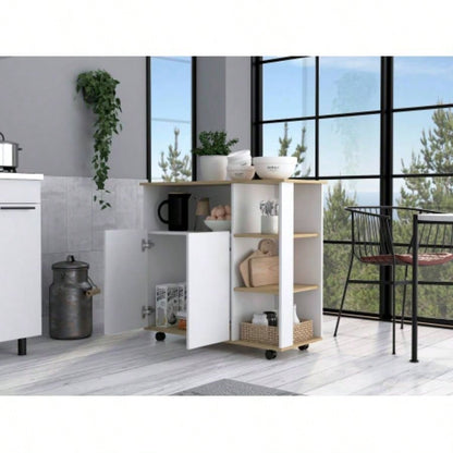 Kitchen Island Kamkacht, One Cabinet, Four Open Shelves, Light Oak/ White