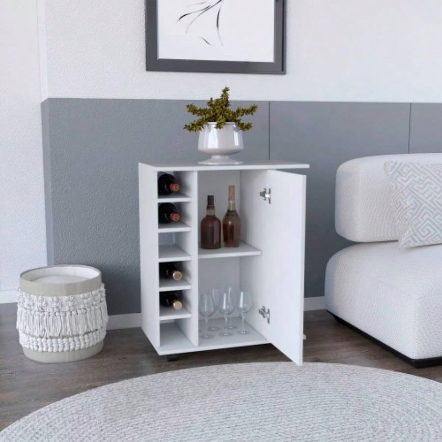 White 4 - wheel bar cart cabinet kitchen or living room, with 6 side built - in bottle racks, 1 interior shelve, 2 side shelves, 2 space with wood door to store glasses, cups, coffee or snacks.