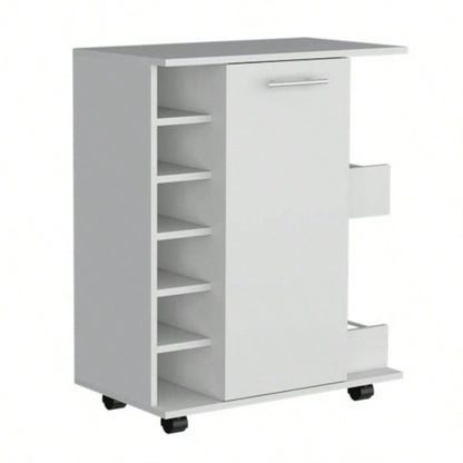 White 4 - wheel bar cart cabinet kitchen or living room, with 6 side built - in bottle racks, 1 interior shelve, 2 side shelves, 2 space with wood door to store glasses, cups, coffee or snacks.