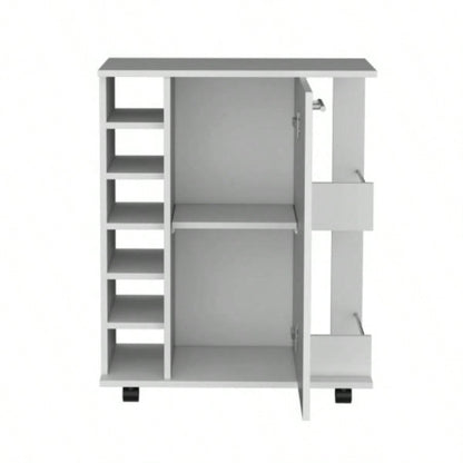 White 4 - wheel bar cart cabinet kitchen or living room, with 6 side built - in bottle racks, 1 interior shelve, 2 side shelves, 2 space with wood door to store glasses, cups, coffee or snacks.