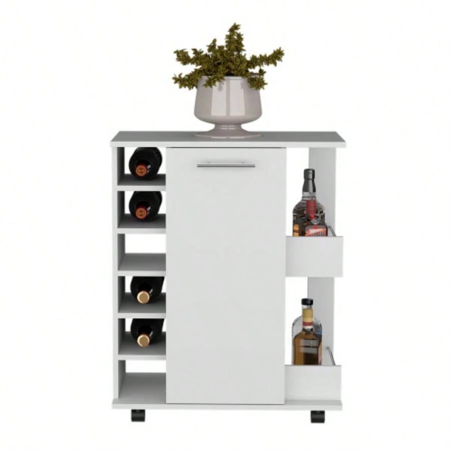 White 4 - wheel bar cart cabinet kitchen or living room, with 6 side built - in bottle racks, 1 interior shelve, 2 side shelves, 2 space with wood door to store glasses, cups, coffee or snacks.