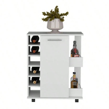 White 4 - wheel bar cart cabinet kitchen or living room, with 6 side built - in bottle racks, 1 interior shelve, 2 side shelves, 2 space with wood door to store glasses, cups, coffee or snacks.
