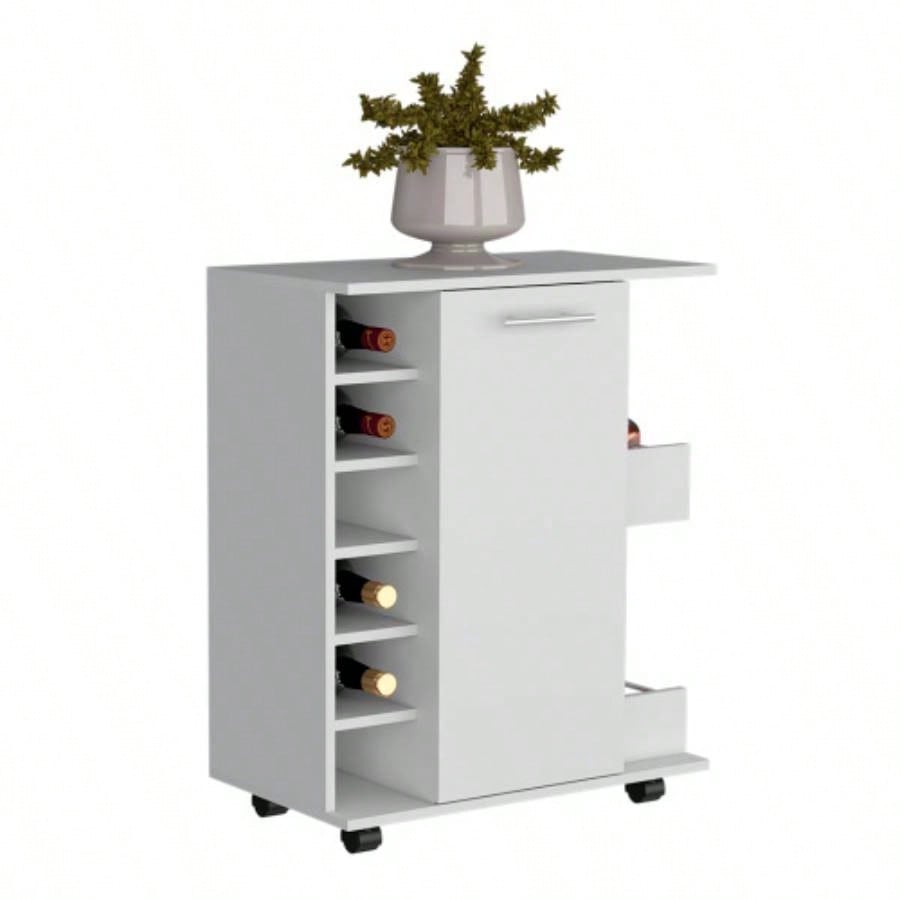 White 4 - wheel bar cart cabinet kitchen or living room, with 6 side built - in bottle racks, 1 interior shelve, 2 side shelves, 2 space with wood door to store glasses, cups, coffee or snacks.