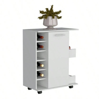 White 4 - wheel bar cart cabinet kitchen or living room, with 6 side built - in bottle racks, 1 interior shelve, 2 side shelves, 2 space with wood door to store glasses, cups, coffee or snacks.