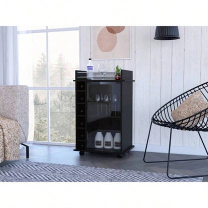 Bar Cart, Glass Door, Four Casters, Two Shelves, Black