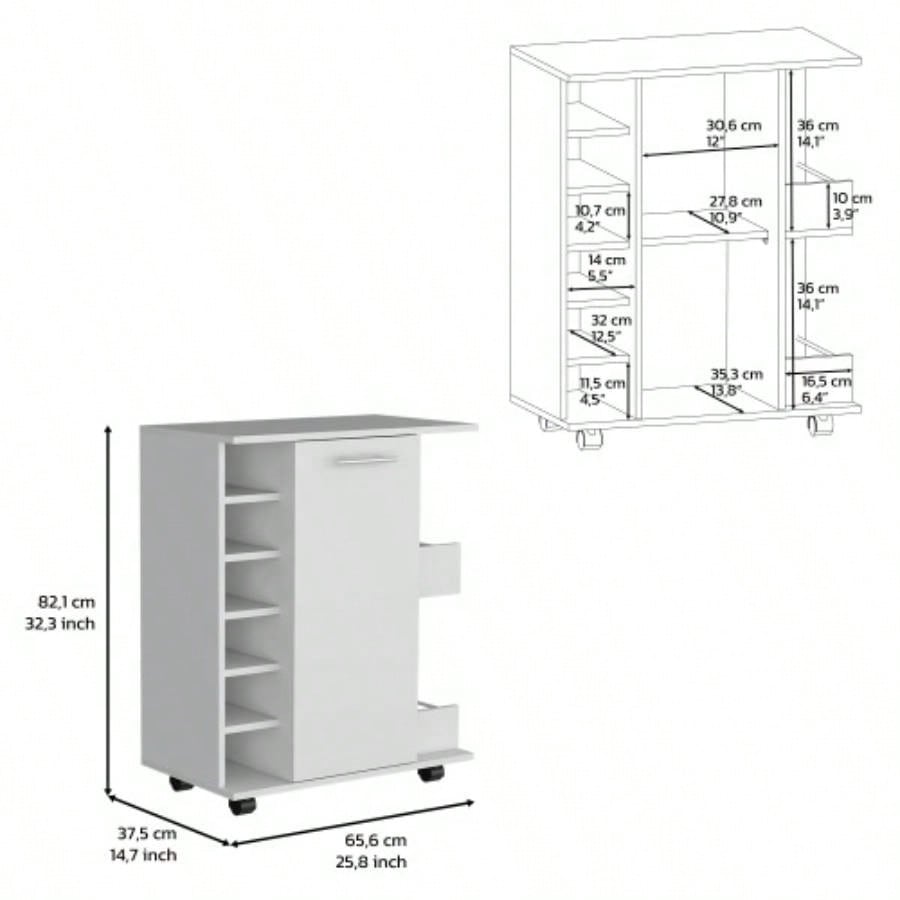 White 4 - wheel bar cart cabinet kitchen or living room, with 6 side built - in bottle racks, 1 interior shelve, 2 side shelves, 2 space with wood door to store glasses, cups, coffee or snacks.