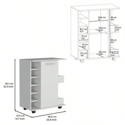 White 4 - wheel bar cart cabinet kitchen or living room, with 6 side built - in bottle racks, 1 interior shelve, 2 side shelves, 2 space with wood door to store glasses, cups, coffee or snacks.