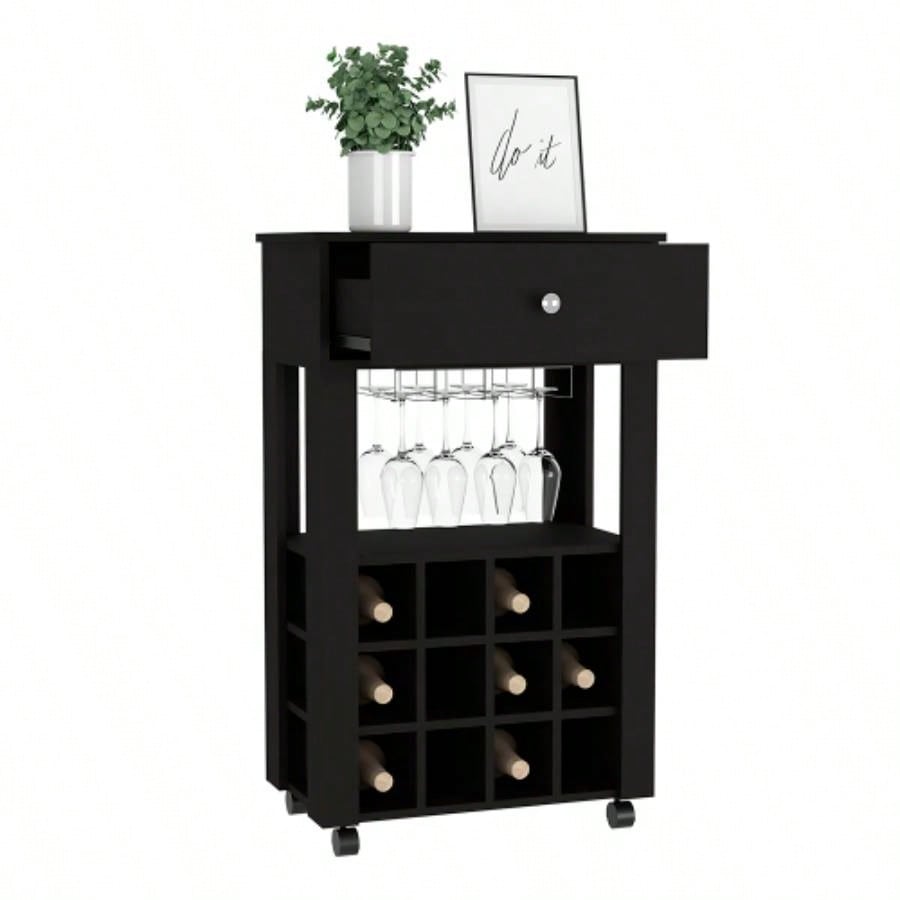 Bar Cart Bayamon, Twelve Wine Cubbies, Four, Black Wengue