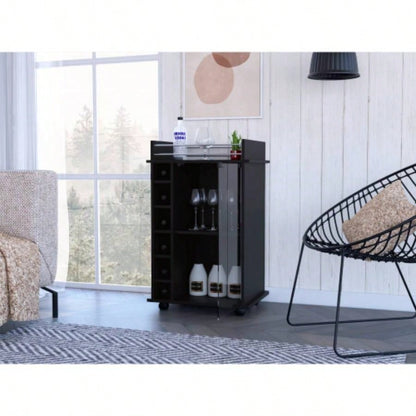Bar Cart, Glass Door, Four Casters, Two Shelves, Black