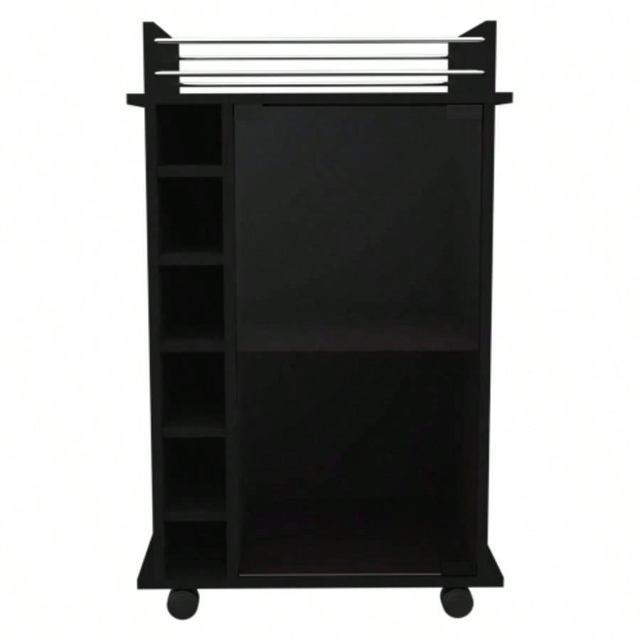 Bar Cart, Glass Door, Four Casters, Two Shelves, Black