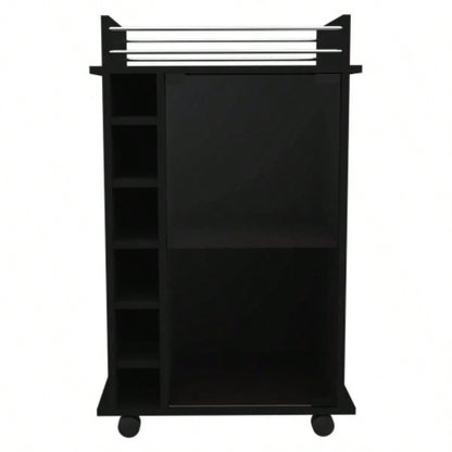 Bar Cart, Glass Door, Four Casters, Two Shelves, Black