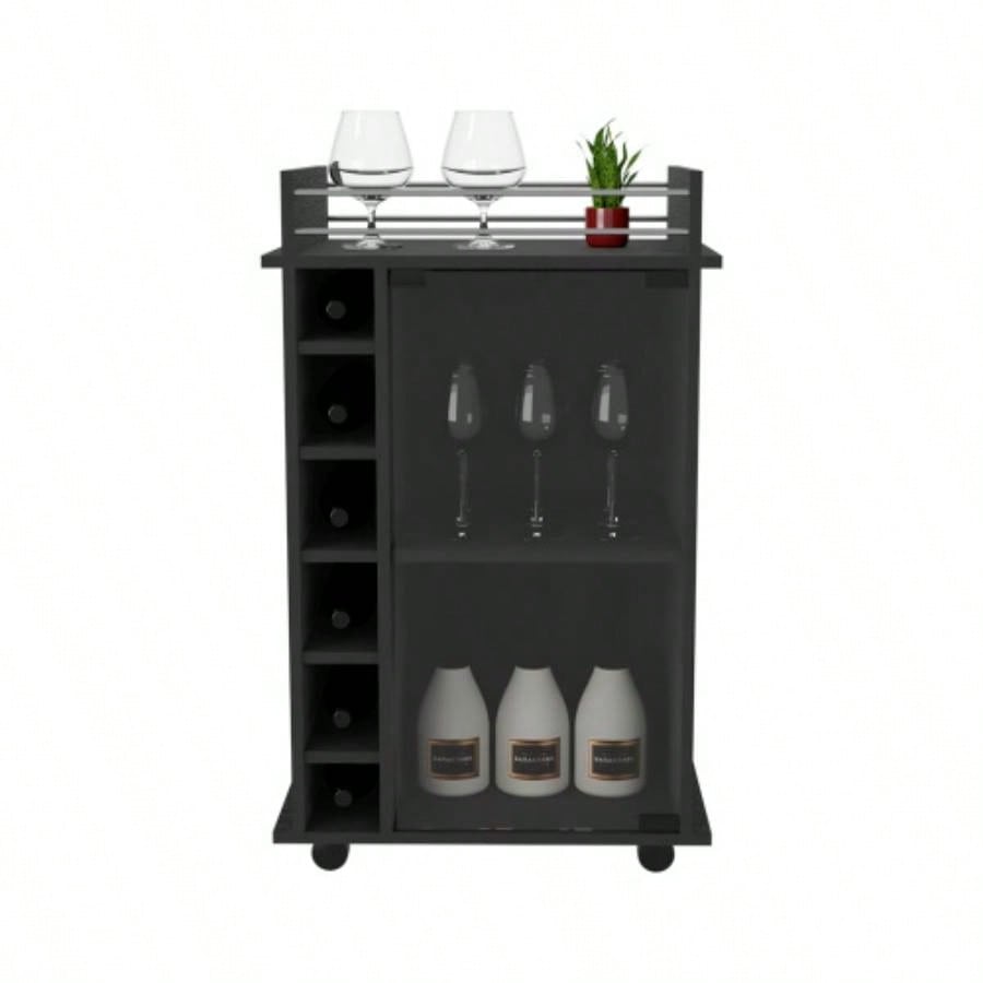Bar Cart, Glass Door, Four Casters, Two Shelves, Black