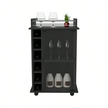 Bar Cart, Glass Door, Four Casters, Two Shelves, Black