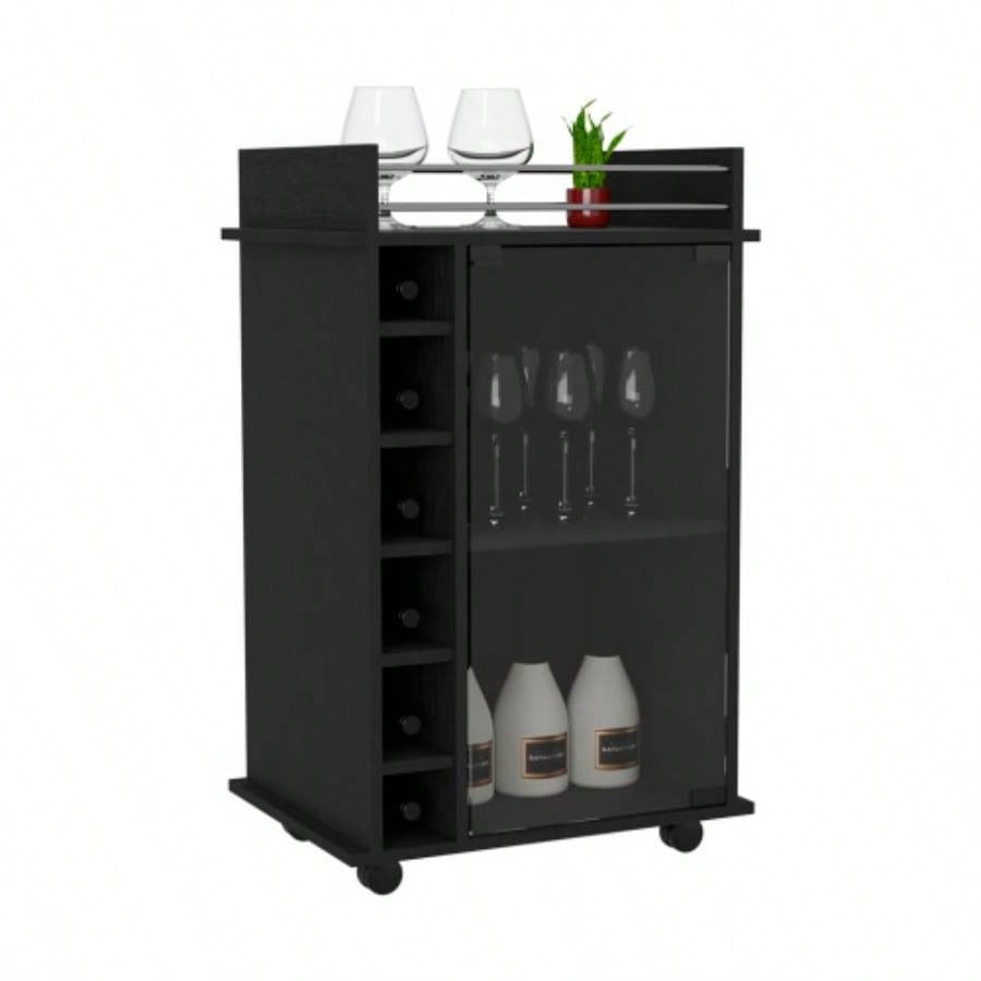 Bar Cart, Glass Door, Four Casters, Two Shelves, Black