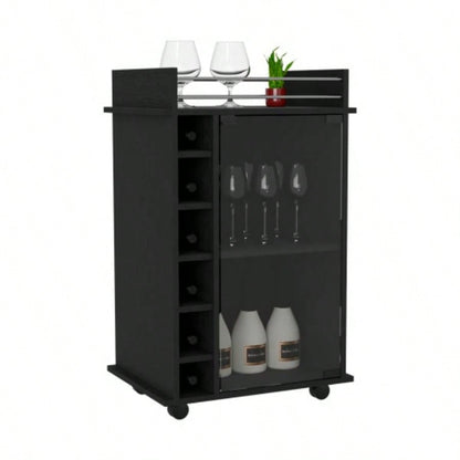 Bar Cart, Glass Door, Four Casters, Two Shelves, Black