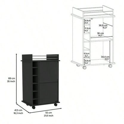 Bar Cart, Glass Door, Four Casters, Two Shelves, Black