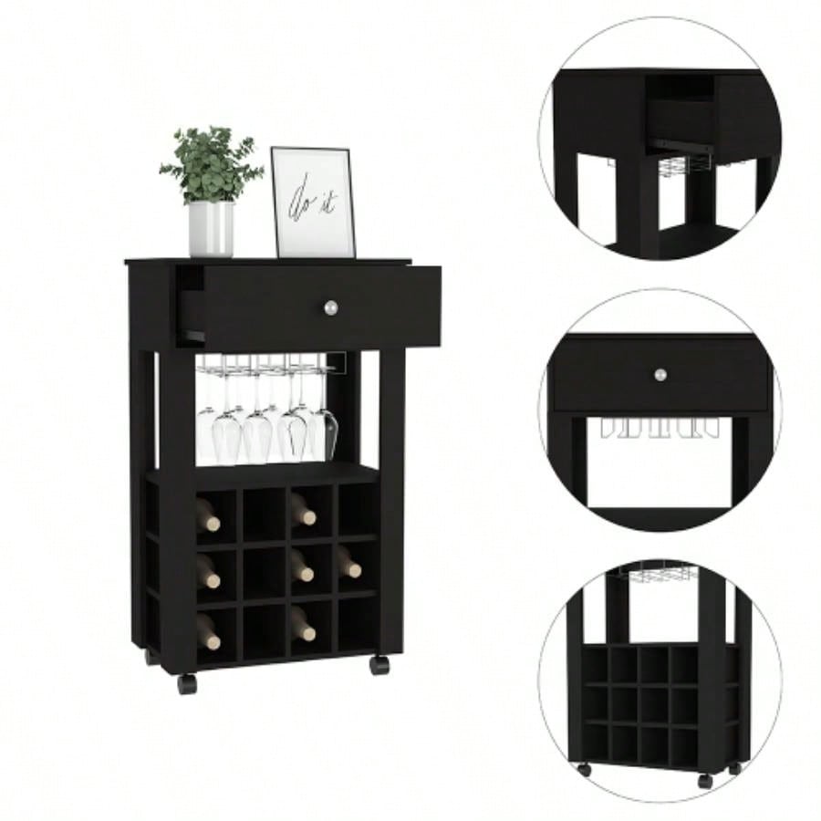 Bar Cart Bayamon, Twelve Wine Cubbies, Four, Black Wengue