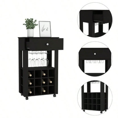 Bar Cart Bayamon, Twelve Wine Cubbies, Four, Black Wengue