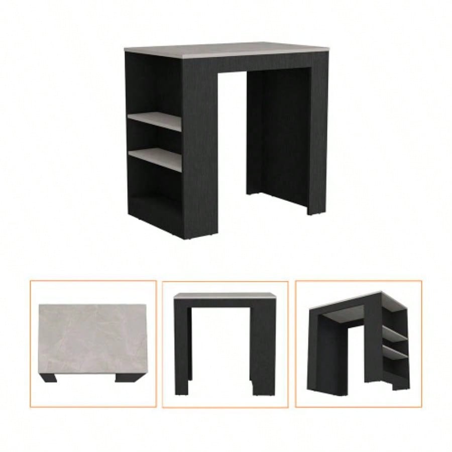 Kitchen Island Doyle, Three Side Shelves, Black/ Ibiza Marble Color