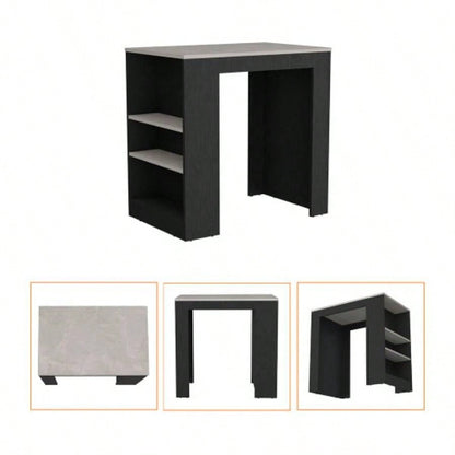 Kitchen Island Doyle, Three Side Shelves, Black/ Ibiza Marble Color