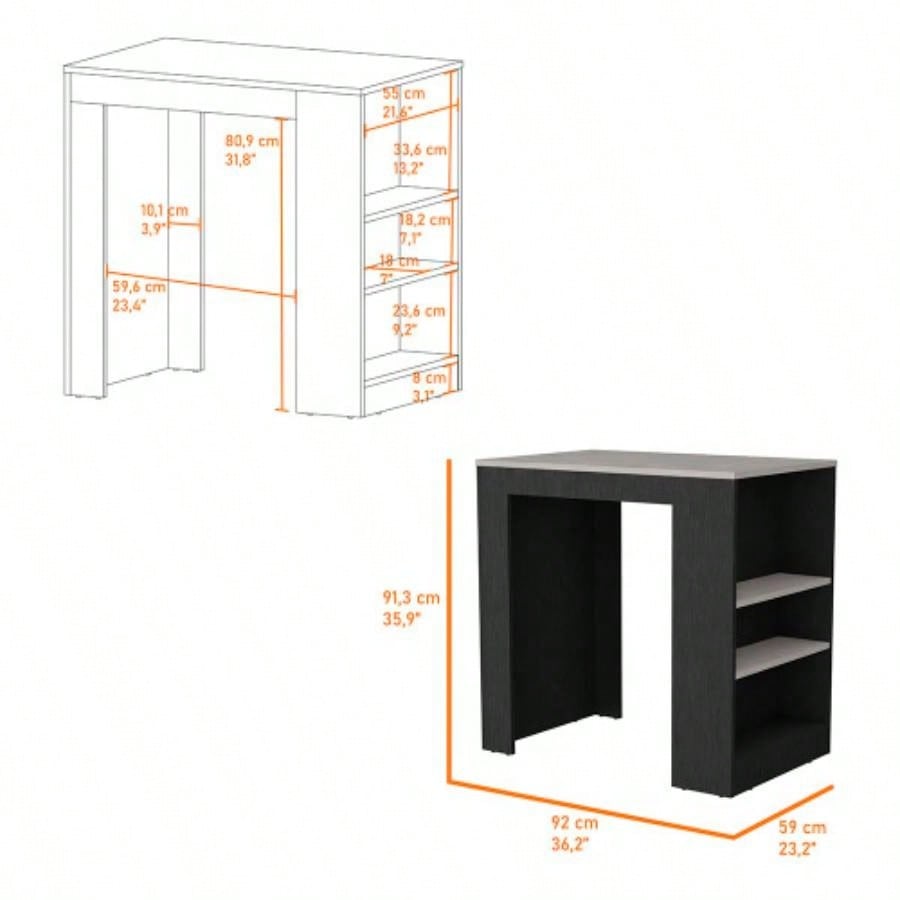 Kitchen Island Doyle, Three Side Shelves, Black/ Ibiza Marble Color
