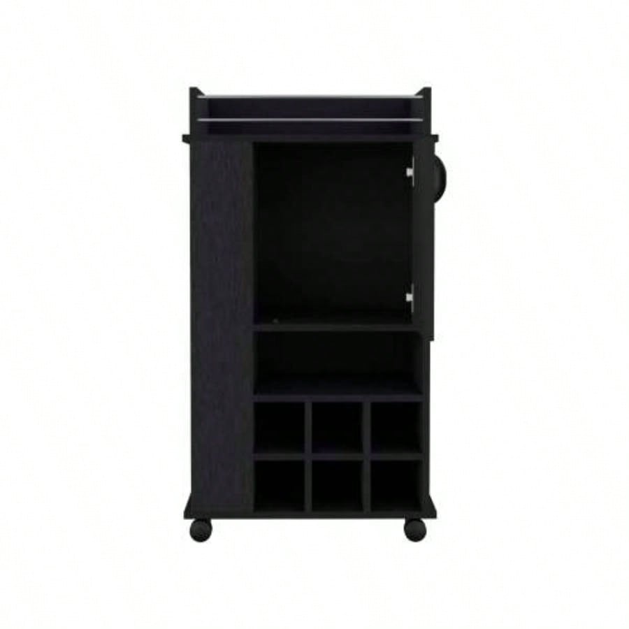 Bar Cart with 6 Built - in Wine Rack and Casters, Black