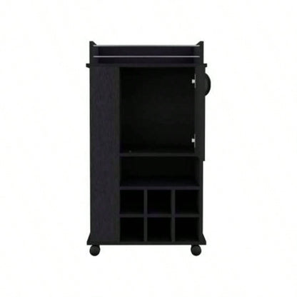 Bar Cart with 6 Built - in Wine Rack and Casters, Black