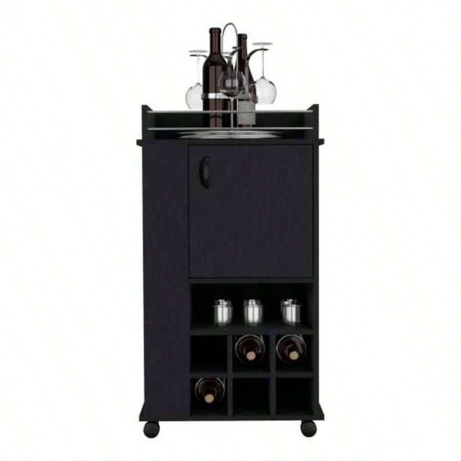 Bar Cart with 6 Built - in Wine Rack and Casters, Black
