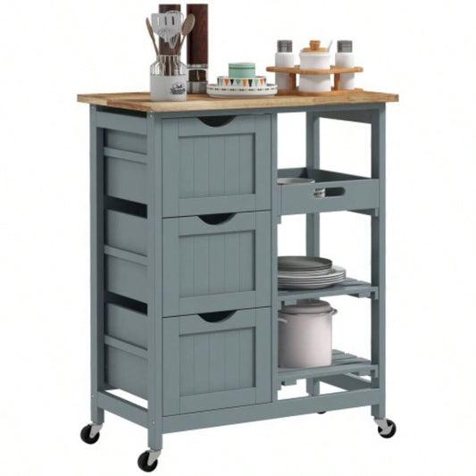 HOMCOM Rolling Kitchen Island Cart, Bar Serving Cart, Compact Trolley on Wheels with Wood Top, Shelves Drawers Home Dining Area, Gray